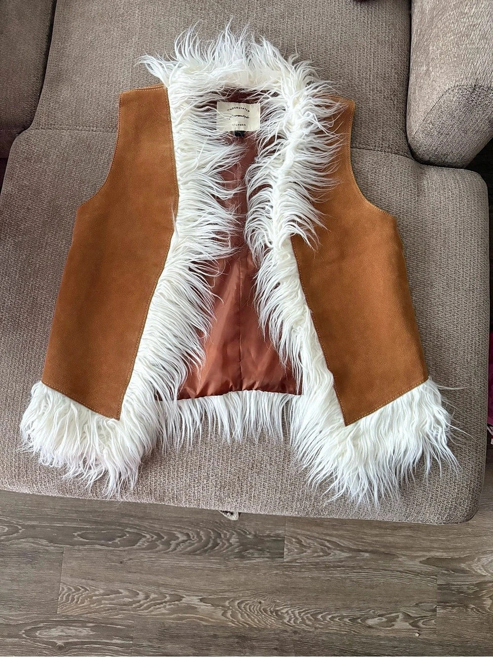 Free people Leather Fringe Vest in Brown & White Size Medium
